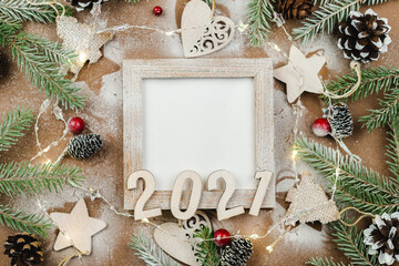 Wall Mural - christmas and happy new year zero waste wooden background. handmade christmas, top view, copy space.