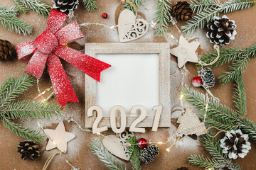 Wall Mural - christmas and happy new year zero waste wooden background. handmade christmas, top view, copy space.