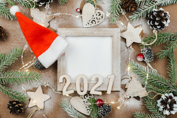 Wall Mural - christmas and happy new year zero waste wooden background. handmade christmas, top view, copy space.