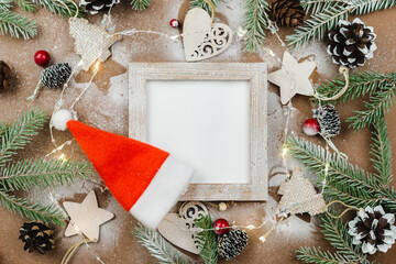 Wall Mural - christmas and happy new year zero waste wooden background. handmade christmas, top view, copy space.