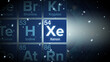 Close up of the Xenon symbol in the periodic table, tech space environment.