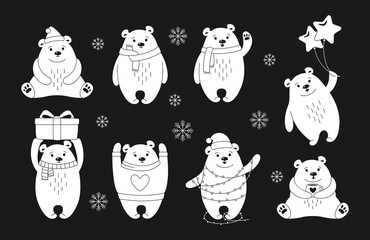 Christmas polar bear line cartoon set. Hand drawn doodle cute bears with hat, gift, balls or garland. New Year animal mammals different poses. Funny glyph animals celebrate black background vector