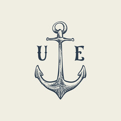 U and E initial letter with anchor logo vector design