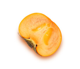 Wall Mural - Half sliced of persimmon fruit isolated on white background with clipping path. Top view. Flat lay.