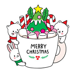 Wall Mural - Hand draw cartoon cute Merry Christmas, Animals and sweet cup vector.