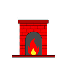 Fireplace On Room Interior. Cartoon Red Brick Fireplace