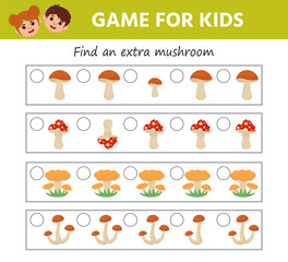 Wall Mural - Education game for children. Find an extra object. Kids learning material. Preschool worksheet activity. Children funny riddle entertainment for the development of logical thinking