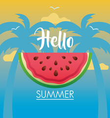 Poster - hello summer season lettering with watermelon and palms