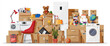 © absent84 - Moving to new house. Family relocated to new home. Paper cardboard boxes with various household thing. Package for transportation. Computer, lamp, clothes, books. Vector illustration in flat style
