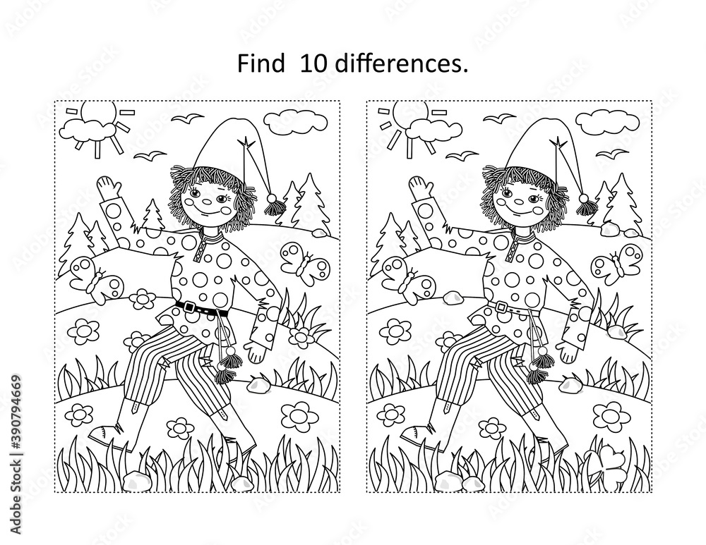 Find 10 differences visual puzzle and coloring page with Petrushka ...