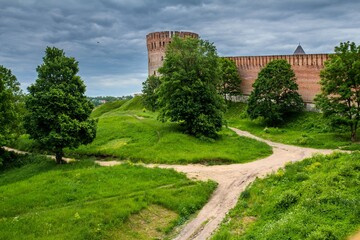 Wall Mural - The wall of Smolensk Kremlin with tower and green trees in the foreground in summer in Russia.