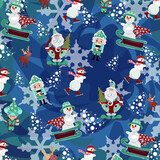 Fototapeta Pokój dzieciecy - Illustration with snowman, deers, elfs and Santa on the blue background