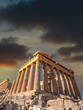 Athens Greece, scenic view of Parthenon ancient Greek temple under dramatic sky, filtered image