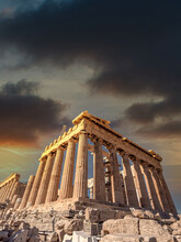 Athens Greece, Scenic View Of Parthenon Ancient Greek Temple Under Dramatic Sky, Filtered Image