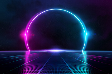 Aufkleber - Abstract background pathway leading to blue and pink neon light circle reflecting on the floor 3D rendering
