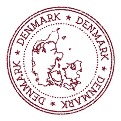 Wall Mural - Denmark round rubber stamp with country map. Vintage red passport stamp with circular text and stars, vector illustration.