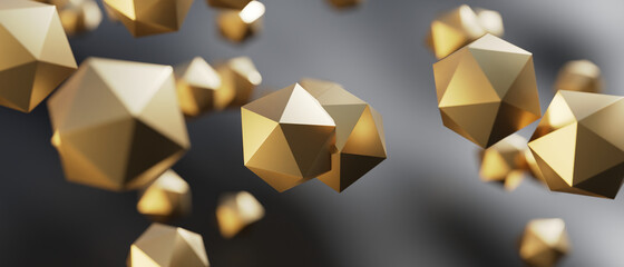 Wall Mural - Abstract golden polyhedron particles background. 3d rendering - illustration.