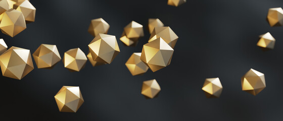 Wall Mural - Abstract golden polyhedron particles background. 3d rendering - illustration.