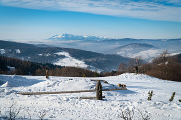 Tatra mountain view in the morning. White fogs.