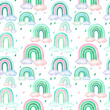 Watercolor cute boho style kids seamless pattern. Hand drawn rainbow and clouds in pastel colors. Scandinavian style for fabric, wallpaper, clothes, swaddles, apparel, planner, sticker