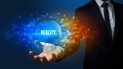 Elegant hand holding REALITY inscription, digital technology concept