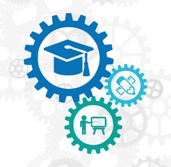 An education concept with gears, related with university and work, industrial education, clipart, education related illustration, graduation, diploma