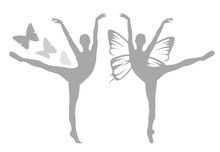 Graceful Ballerina Girl With Butterfly Wings Standing On Pointe Shoes - Slim Dancer Figure Vector Silhouette