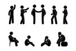 people stand and sit, set of stick men, stick figure pictograms isolated icons