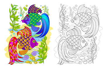 Page for coloring book. Illustration of two cute fishes. Fantasy underwater life. Online education. Animals for kids. Printable worksheet for drawing and meditation for children and adults.