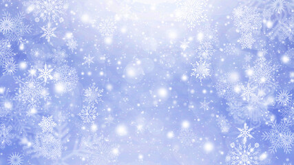 Wall Mural - Winter blue and white bokeh background with circles, sparkles and snowflakes