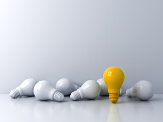 Wall Mural - One standing yellow idea bulb with white bulbs on white background Stand out from the crowd business creative idea concepts 3D rendering