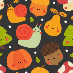 Wall Mural - Autumn seamless pattern, cute drawing cartoon characters, vector set of autumn, acorn, snail, pumpkin, pear, mushroom, pine tree. nursery seamless pattern, scandinavian thanksgiving day