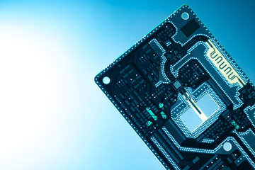 Fragment of a printed circuit board close-up. White-blue gradient in background. Concept - production of printed circuit boards. Blank for a printed circuit board. Blank for PCB production.