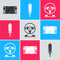 Sticker - Set Portable video game console, Sword for game and Racing simulator cockpit icon. Vector.