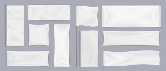 Wall Mural - textile banners. realistic white blank flags, empty canvas template. collection of horizontal and ve