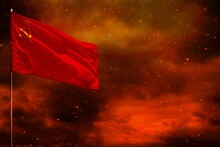 Fluttering Soviet Union (SSSR, USSR) Flag Mockup With Blank Space For Your Text On Crimson Red Sky With Smoke Pillars Background. Troubles Concept.