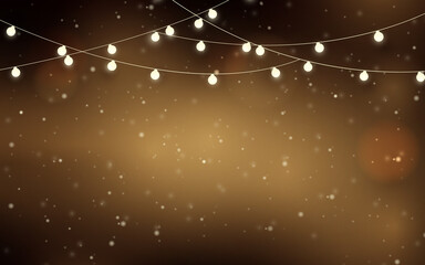Poster - Celebration Christmas lights glowing garland on gold bokeh luxury background. Vector illustration