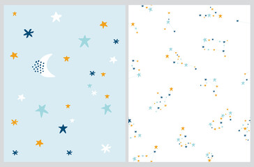 Wall Mural - cute abstract night sky illustration and seamless zodiac vector pattern. funny hand drawn new moon a
