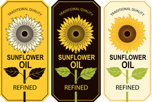 Set Of Three Labels For Refined Sunflower Oil With A Big Sunflower Flower In A Figured Frame. Vector Illustration In Flat Style, Advertising Poster, Sticker, Banner
