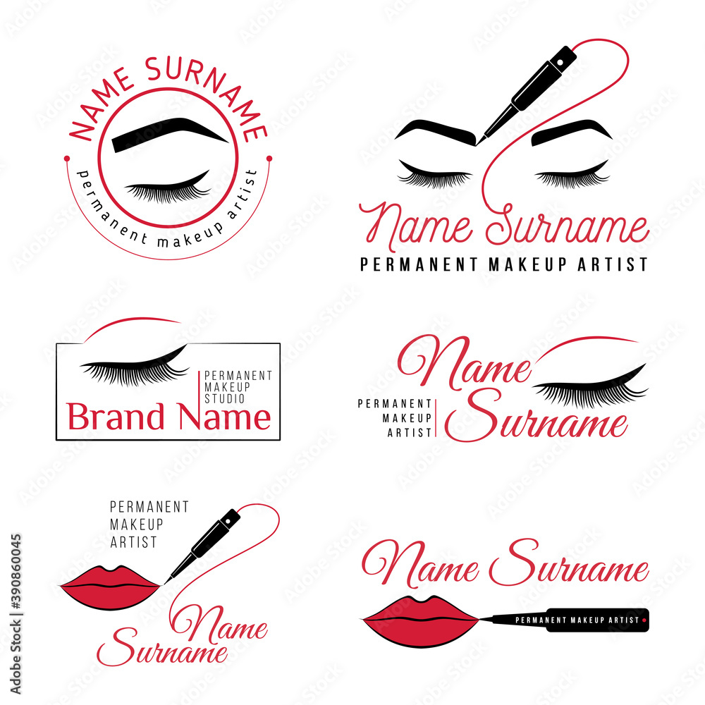 Permanent makeup logo template. Set of logo for makeup artist. Tattoo  make-up icons of eye, brow, lips and tattoo pen. Stock Vector | Adobe Stock, image size:1000x1000