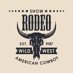 Banner for a Cowboy Rodeo show in retro style. Vector illustration with a black skull of bull and lettering on a beige background. Suitable for poster, label, flyer, icon, logo, emblem, t-shirt design