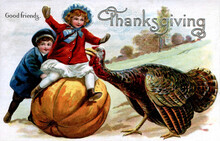 Children Playing On A Pumpkin. Vintage Thanksgiving Themed Postcard, Restored Art From Before 1925. Colors And Details Enhanced. Festive Autumn Illustrations From The Past.