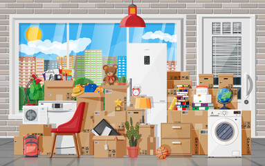 Wall Mural - Moving to new house. Family relocated to new home. Paper cardboard boxes with various household thing. Package for transportation. Computer, lamp, clothes, books. Vector illustration in flat style