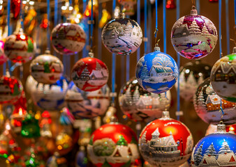 Colorful Christmas decorations at a festive Christmas market in Switzerland