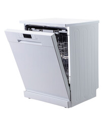 Open door dishwasher on white background