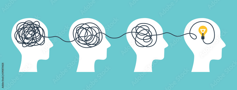 Concept of psychotherapy, brainstorming and mental problem solving. Vector illustration. Brain with tangled knot and order in man head. Simplifying the complex path. Light bulb idea and scribbles. - obrazy, fototapety, plakaty 