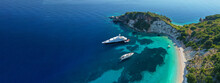 Aerial Drone Top Down Ultra Wide Photo Of Luxury Yacht Anchored In Tropical Exotic Island Turquoise Sea