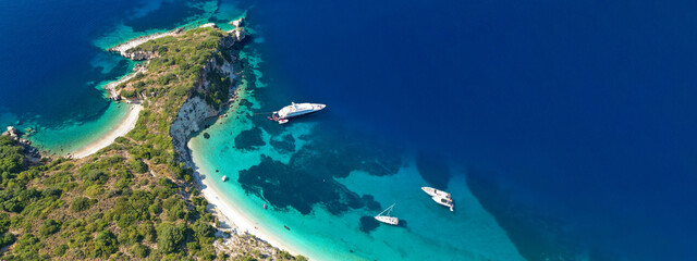 Wall Mural - Aerial drone ultra wide panoramic photo of beautiful turquoise bay in island of Ithaki or Ithaca, Ionian, Greece