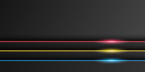 Wall Mural - abstract metallic black frame background, overlap layer with neon red, yellow, blue light line, dark
