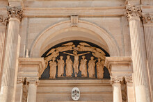 Basilica Of Saints Cosmas And Damian In Alberobello In Italy. Stone Carvings Above Entrance Door.